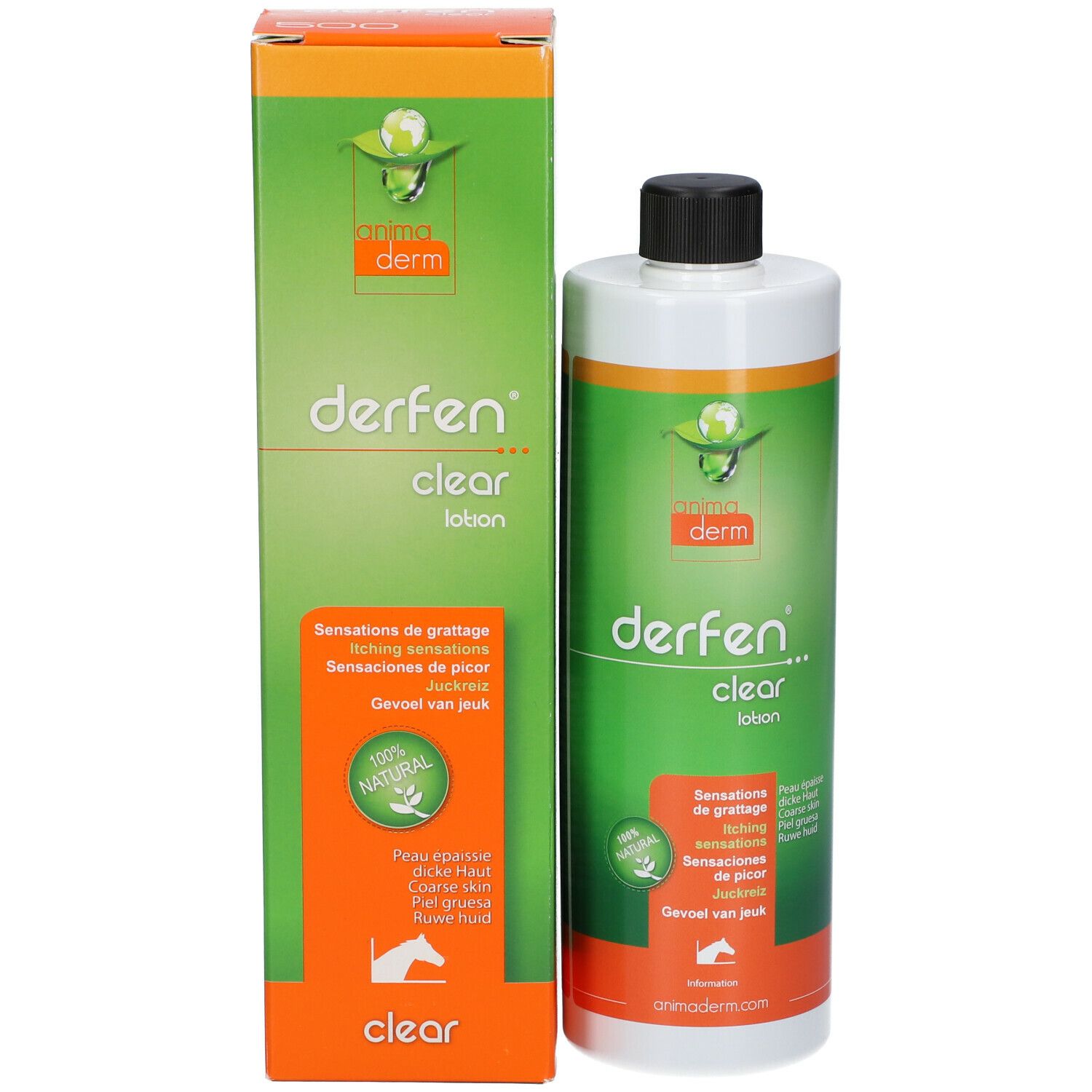 Animaderm Derfen Clear Lotion Flasche und Verpackung. Grünes Design mit Produktnamen und Text. 100% natürlich.