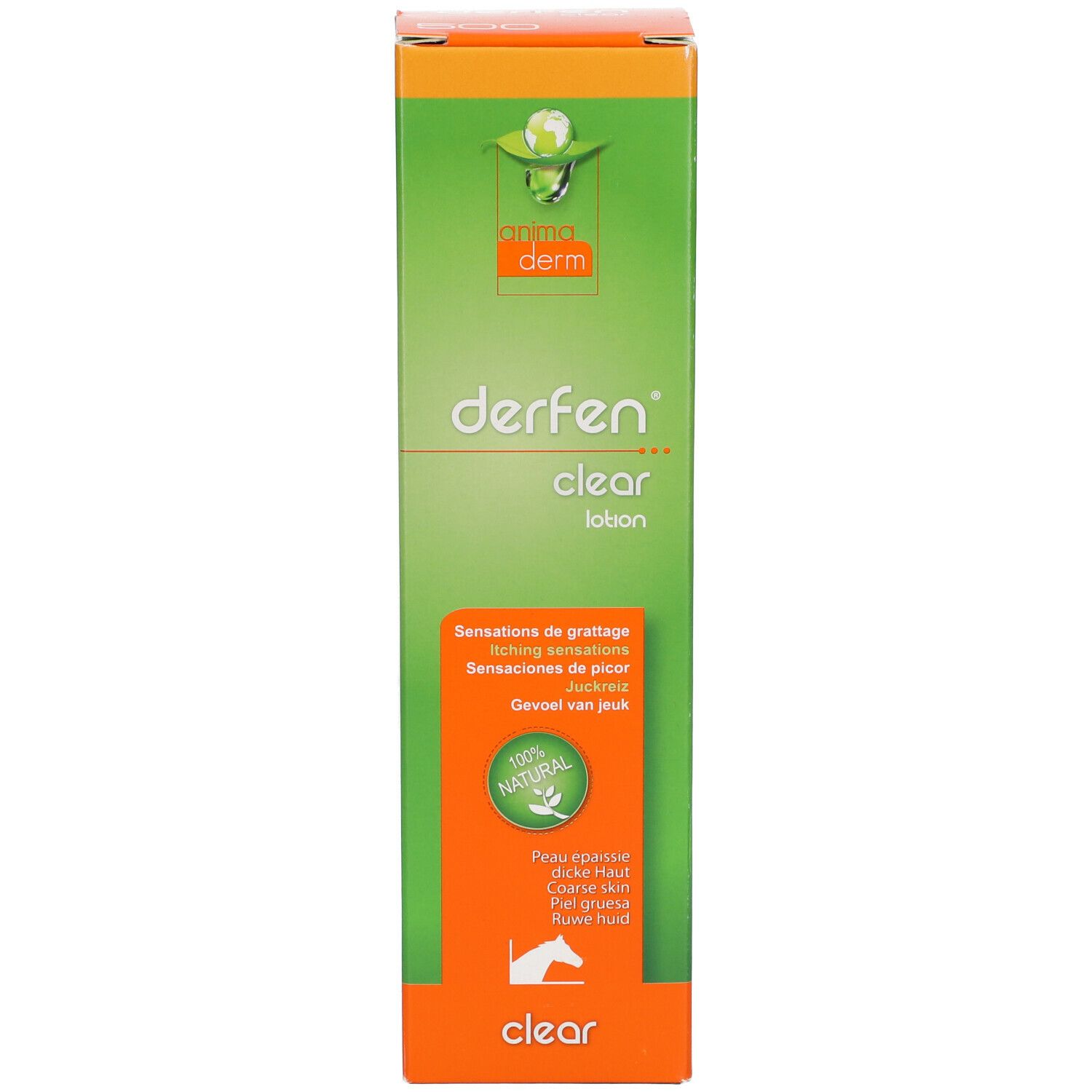 Animaderm Derfen Clear Lotion Verpackung. Grünes Design mit Produktnamen und Text. 100% natürlich.