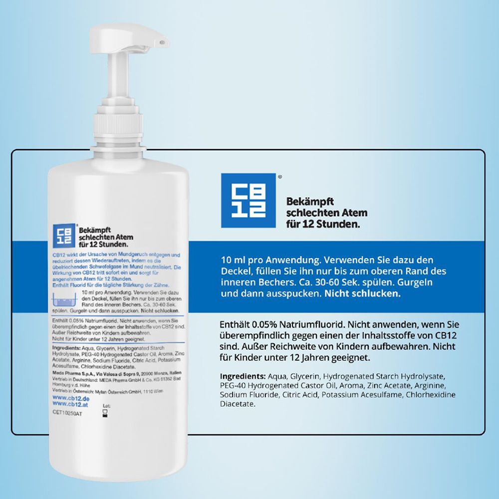 Weiße Flasche mit Pumpe. Text: CB12, Mundspülung. Enthält 0,05% Natriumfluorid. Anwendungshinweise und Inhaltsstoffe.