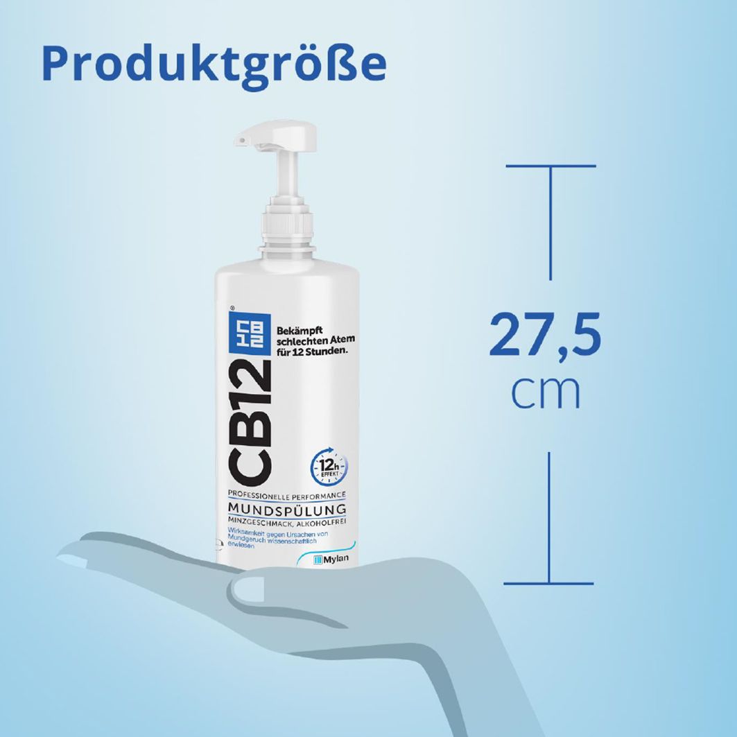 Weiße Flasche mit Pumpe. Aufschrift: CB12, Mundspülung. Produktgröße: 27,5 cm.