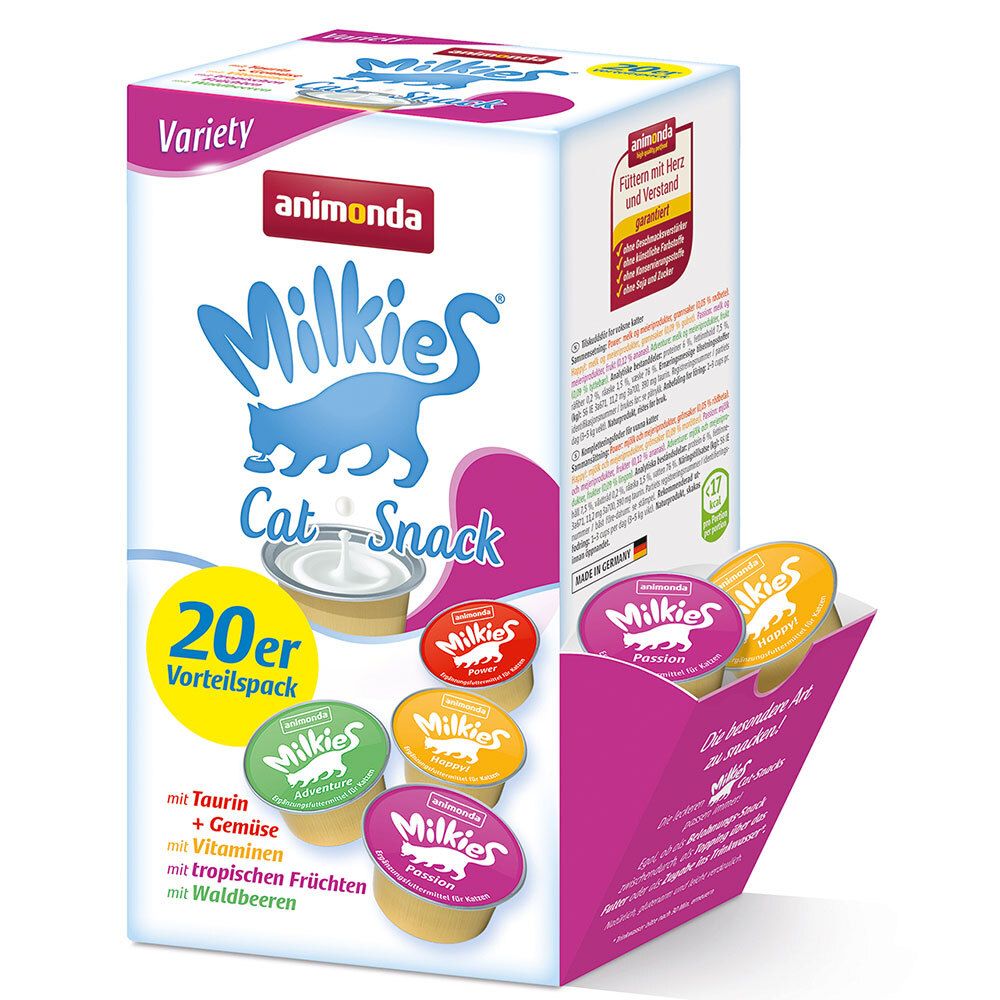 Animonda Milkies Cat Snack, paquet de 20. Emballage ouvert avec gobelets colorés. Inscriptions: Milkies, chat, vitamines.