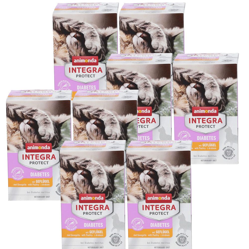 Mehrere Packungen Tiernahrung. Auf jeder Packung steht "animonda INTEGRA PROTECT DIABETES". Abgebildet ist eine Katze.