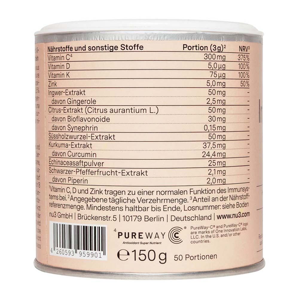 Rückseite der Dose. Enthält Nährwertangaben und Inhaltsstoffe. Marke: Pureway. Gewicht: 150g, 50 Portionen.