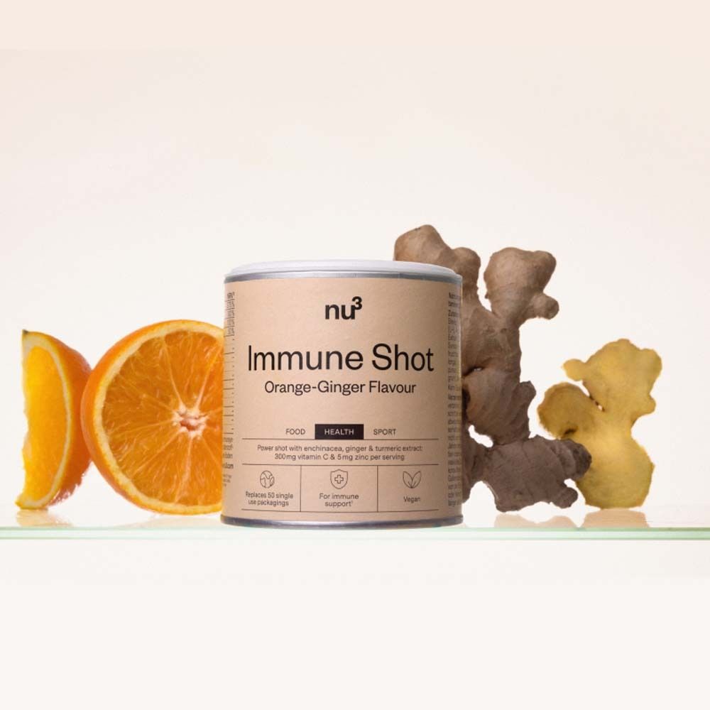 Dose mit Orange, Ingwer. Aufschrift: nu3 Immune Shot Orange-Ginger Flavour. Enthält Vitamin C & Zink.