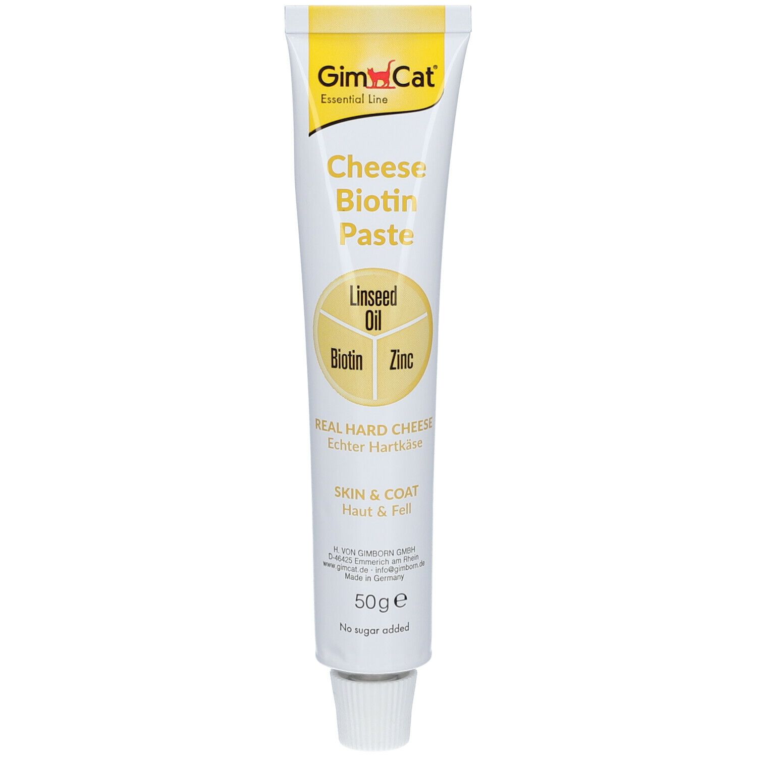 Tube de GimCat Cheese Biotin Paste. Inscription: Cheese Biotin Paste, Linseed Oil, Biotin, Zinc, Skin & Coat. 50g.
