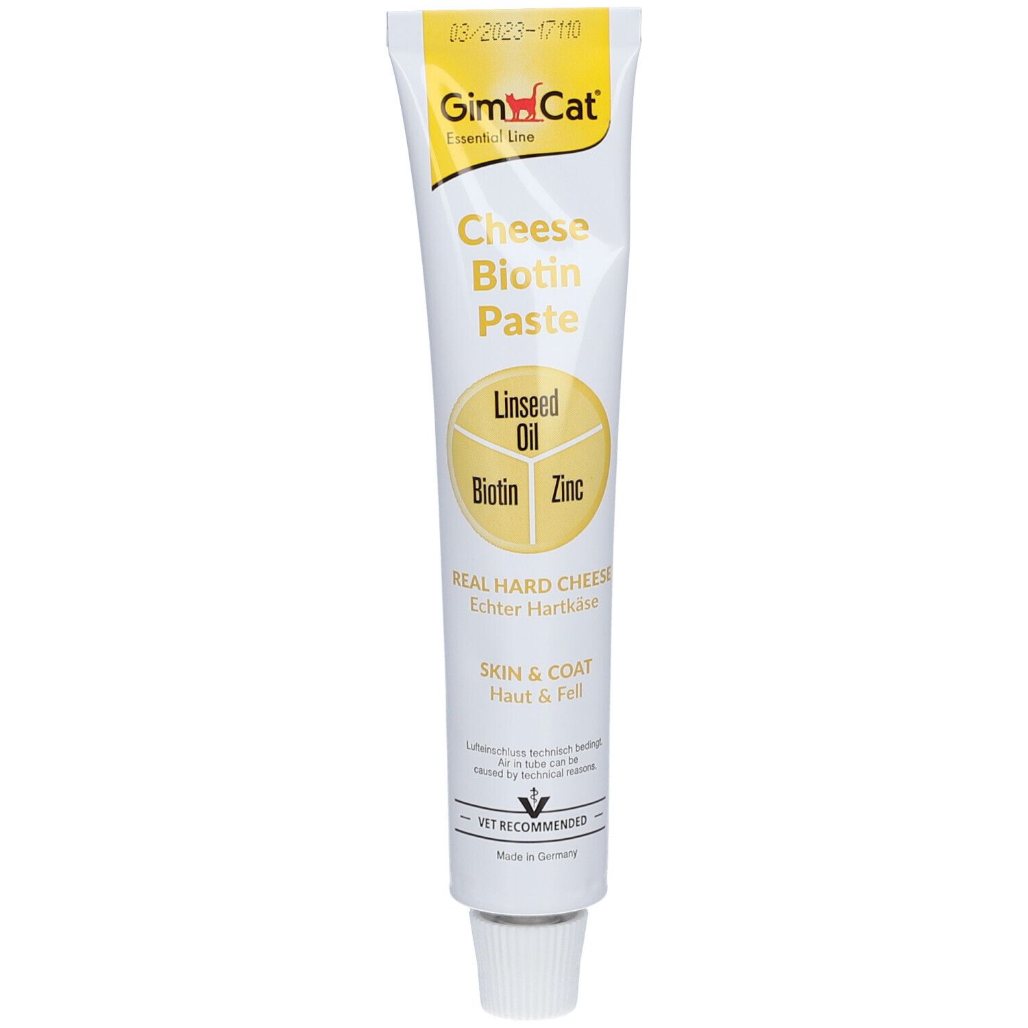 Tube de GimCat Cheese Biotin Paste. Inscription: Cheese Biotin Paste, Linseed Oil, Biotin, Zinc, Skin & Coat. Avec date. Vet Recommended.