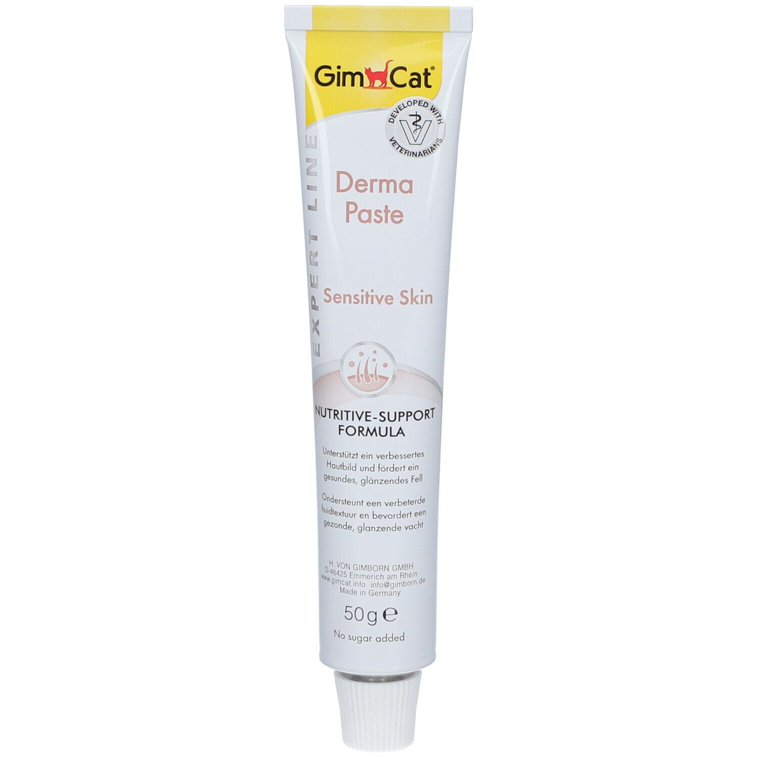 Tube mit GimCat Derma Paste für empfindliche Haut. Enthält eine Nutritive-Support-Formel. 50g.