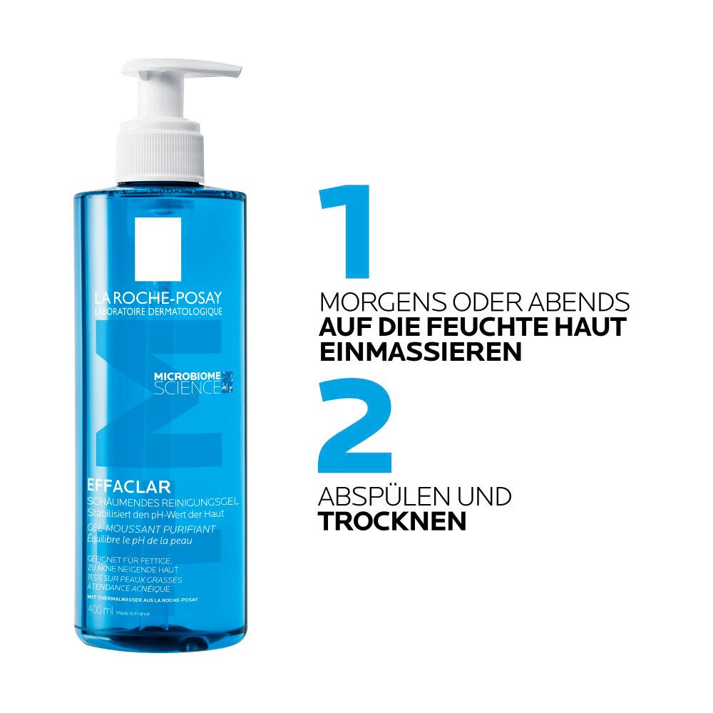 Gel nettoyant Effaclar La Roche-Posay. Texte : Masser sur peau humide matin ou soir. Rincer et sécher.