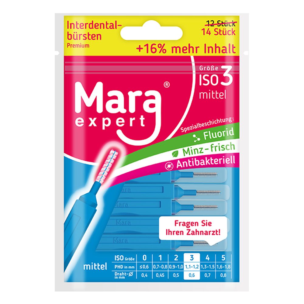 Paquet de brossettes interdentaires Mara expert, taille 3 moyenne. Contient 14 pièces. Inscription : Fluorure, menthe fraîche, antibactérien.