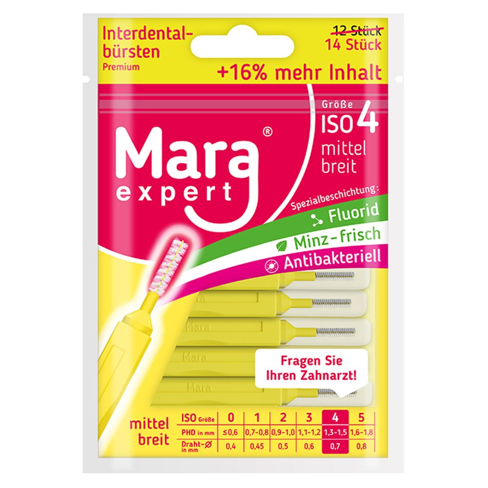 Verpackung mit gelben Interdentalbürsten. Aufschrift: Mara expert, ISO 4 mittelbreit, 14 Stück. Zusätzliche Informationen: Fluorid, Minz-frisch, antibakteriell.