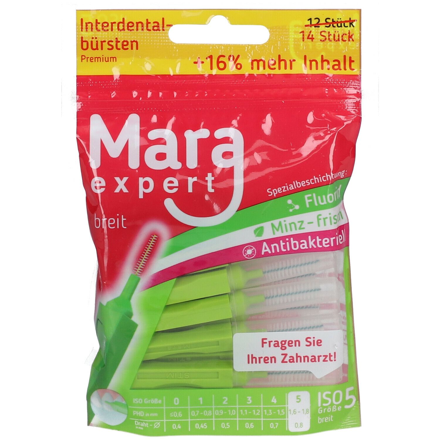 Paquet de Mara expert Interdentalbürsten ISO 5 breit. Emballage rouge, brosses vertes. Texte : 16% de contenu en plus, menthe fraîche, antibactérien.