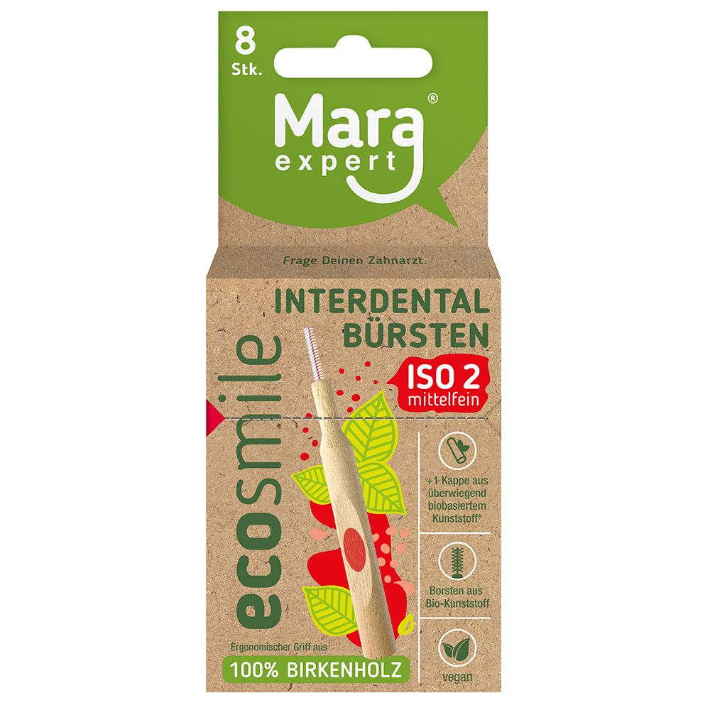 Verpackung mit Interdentalbürsten. Marke: Mara expert ecosmile. ISO 2 mittelfein. 8 Stück. Ergonomischer Griff aus 100% Birkenholz.
