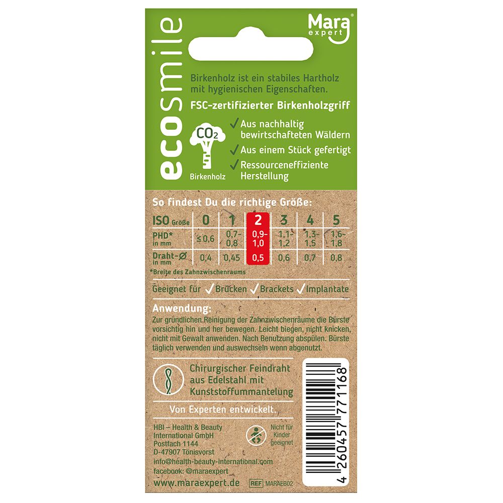Rückseite der Verpackung mit Informationen zu den Interdentalbürsten. ISO-Größenübersicht. FSC-zertifizierter Birkenholzgriff.