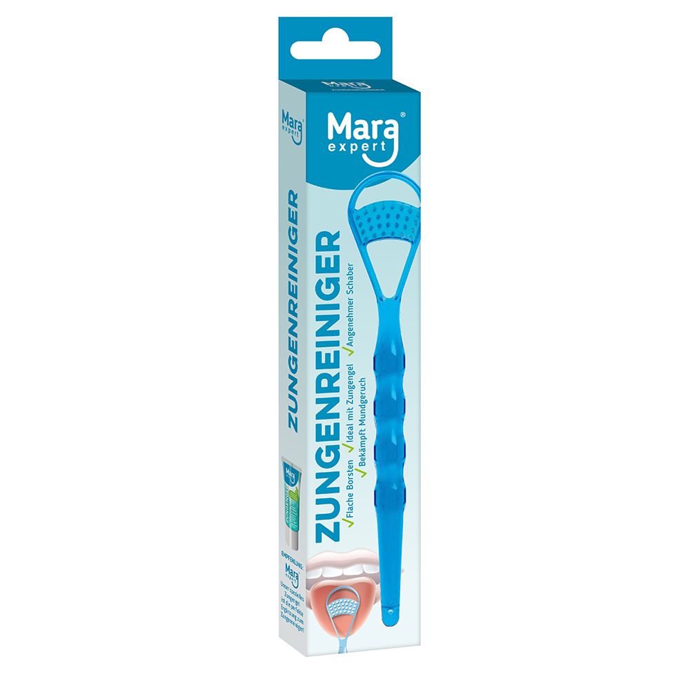 Blauer Zungenreiniger in Verpackung. Marke Mara expert. Zungenreiniger mit Griff und Reinigungsfläche.