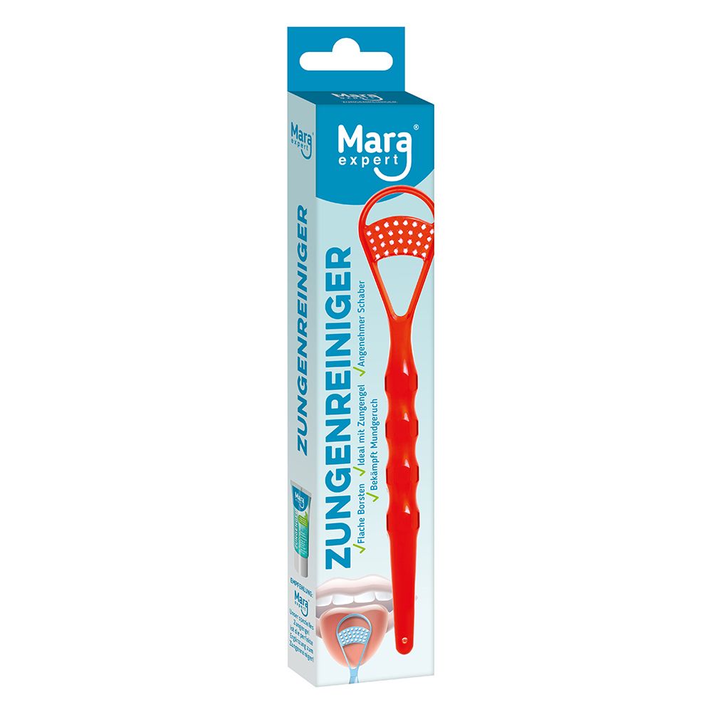 Roter Zungenreiniger in Verpackung. Marke Mara expert. Zungenreiniger mit Griff und Reinigungsfläche.