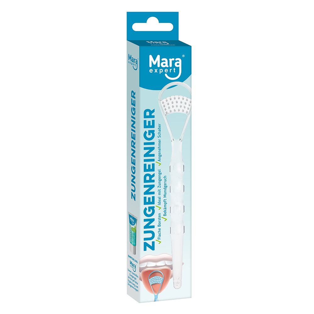 Weißer Zungenreiniger in Verpackung. Marke Mara expert. Zungenreiniger mit Griff und Reinigungsfläche.