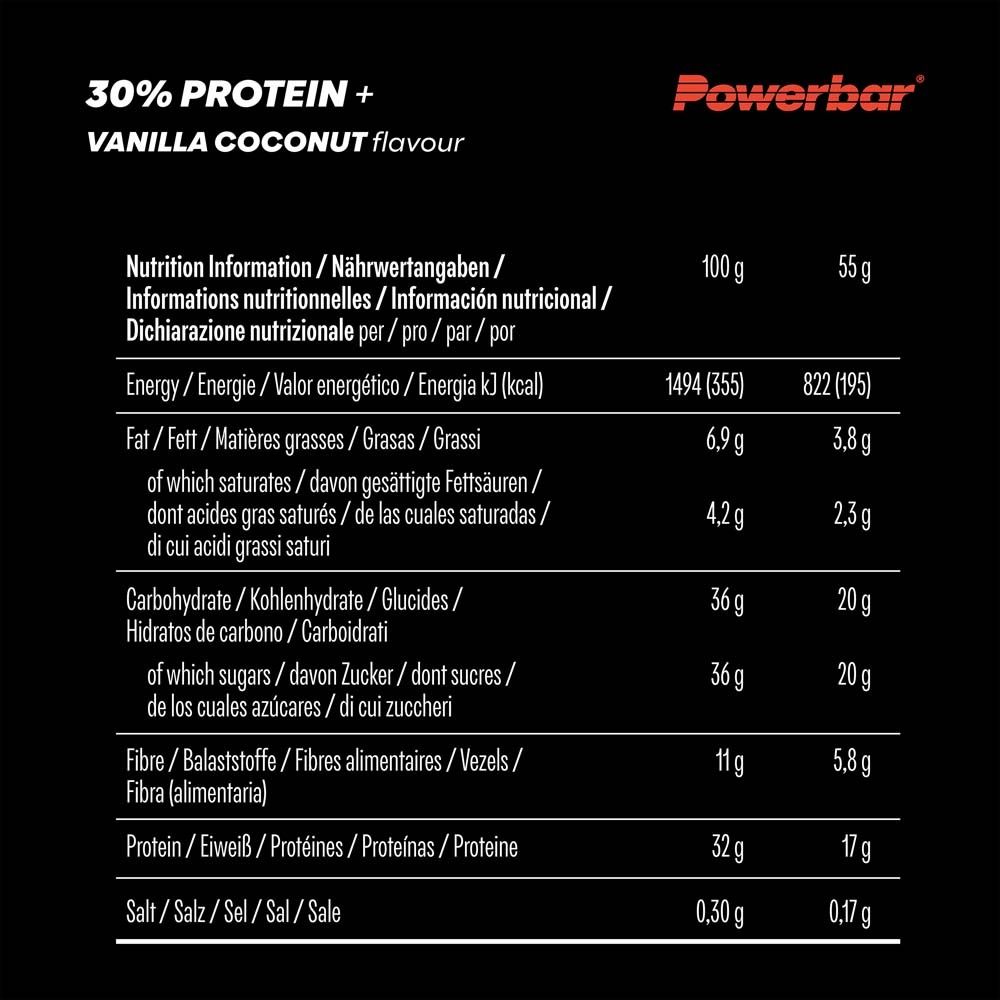 Nährwertangaben für einen Proteinriegel. Angaben in Deutsch und Englisch. Enthält Informationen zu Energie, Fett, Kohlenhydraten, Protein.