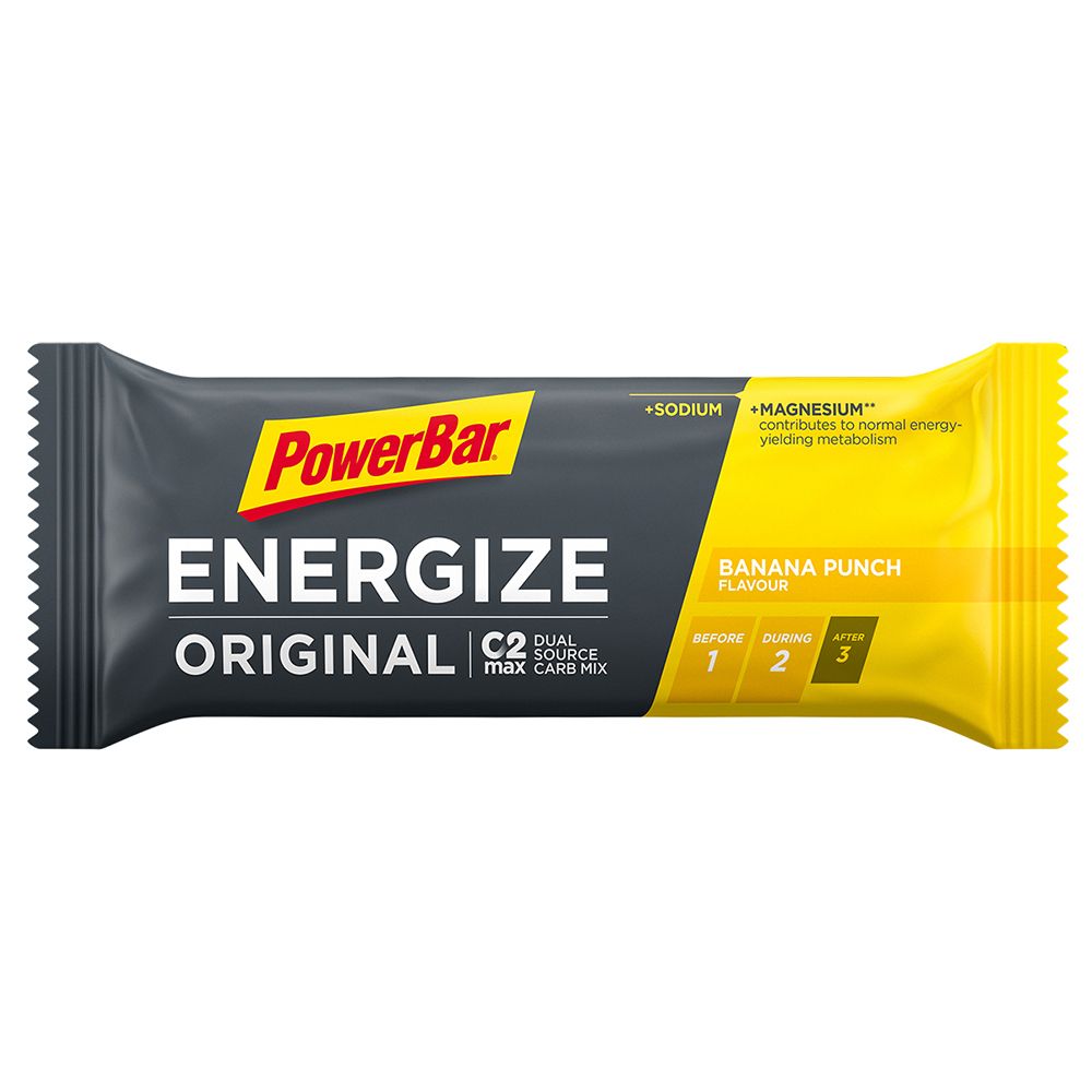 Energieriegel PowerBar Energize Original. Schwarze und gelbe Verpackung. Aufschrift: Banana Punch, +Magnesium, C2 Dual Source Carb Mix.