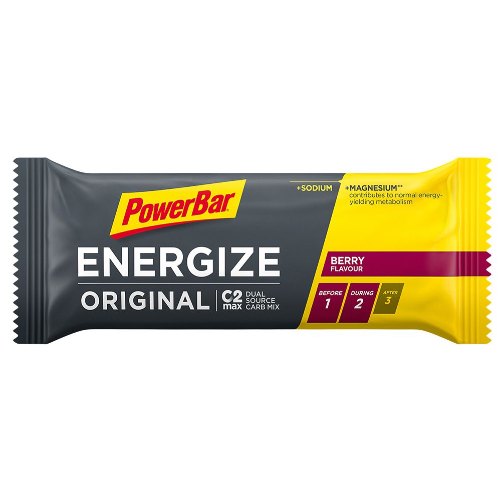 Barre énergétique PowerBar Energize Original Berry. Emballage jaune et gris avec informations sur le produit.