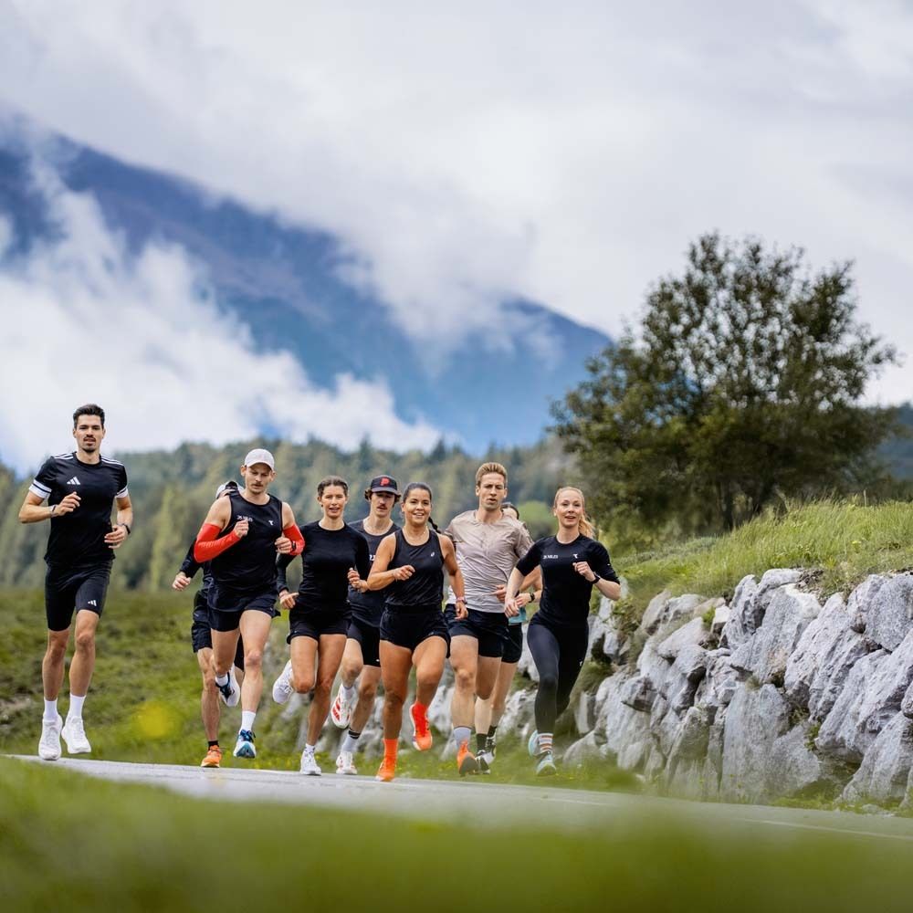Groupe de coureurs sur une route de montagne. Ils portent des vêtements de sport. En arrière-plan, montagnes et arbres.