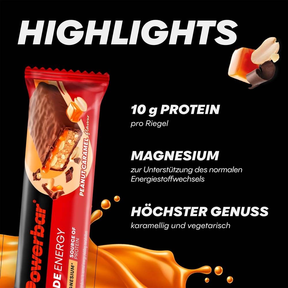 Barre PowerBar Ride Energy, Peanut Caramel. 10g de protéines. Magnésium. Caramélisé et végétarien. Fond noir.