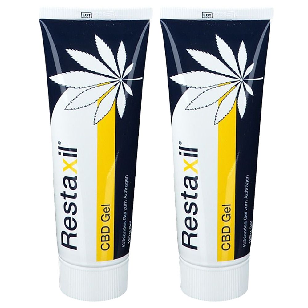 Deux tubes de gel. Inscription: Restaxil CBD Gel. En haut à gauche: LOT. Chaque tube présente une feuille blanche sur fond bleu et une bande jaune.