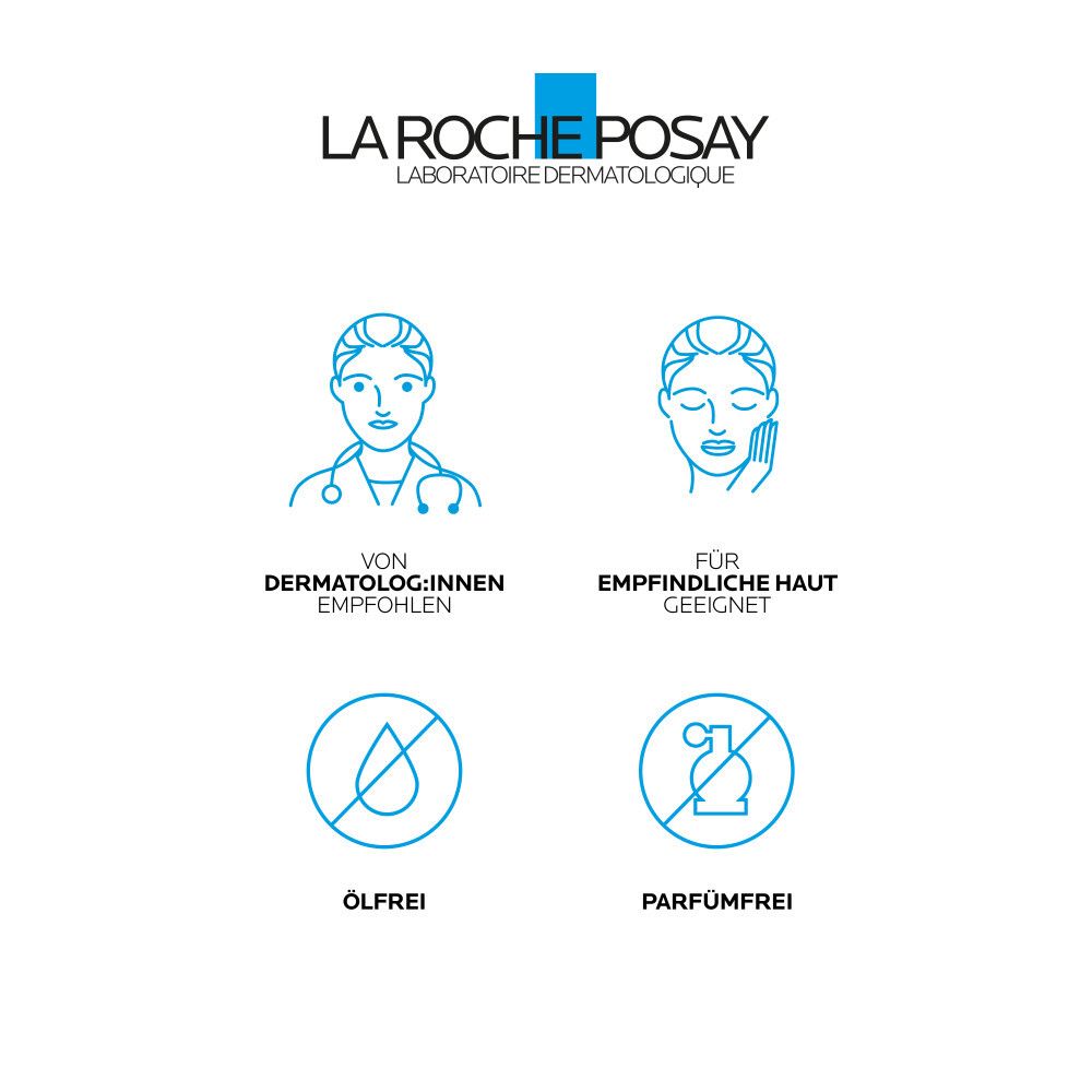Logo La Roche-Posay. Pictogrammes : Recommandé par les dermatologues, convient aux peaux sensibles, sans huile, sans parfum.