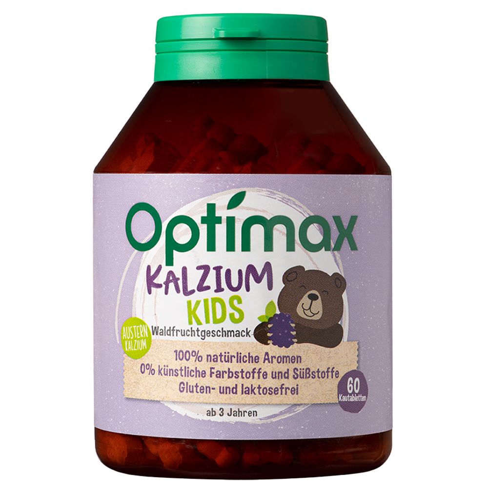 Flacon marron à bouchon vert. Inscription : Optimax Calcium Kids. 60 comprimés à croquer. Dès 3 ans.