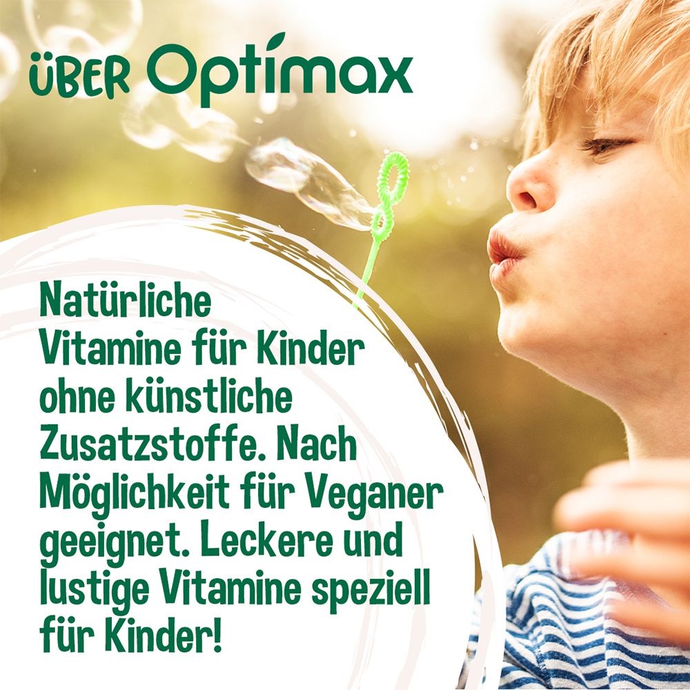 Enfant soufflant des bulles de savon. Texte : Vitamines naturelles pour enfants sans additifs artificiels. Convient aux végétaliens.