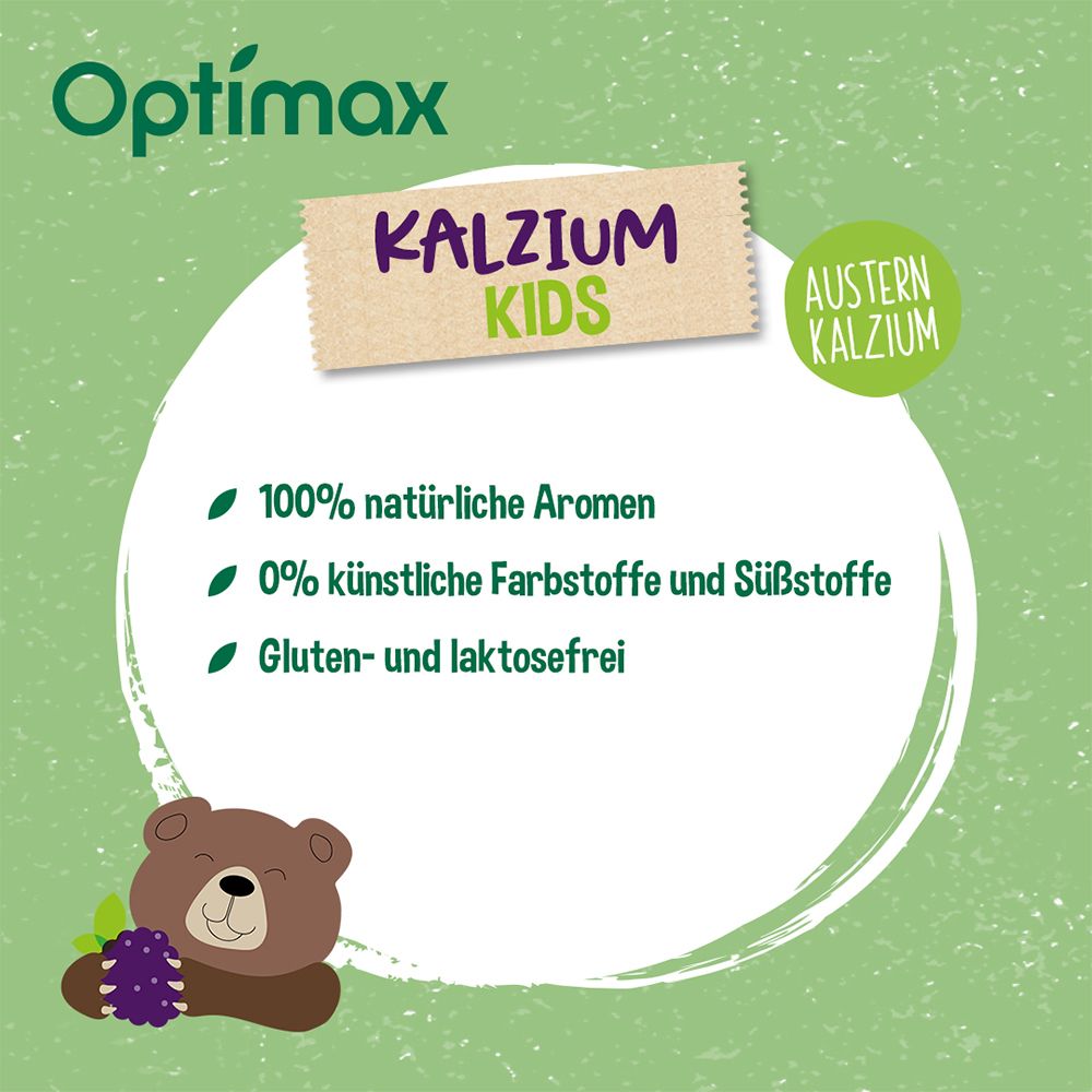 Graphique circulaire avec texte : Optimax Calcium Kids. Arômes 100% naturels. 0% colorants et édulcorants artificiels. Sans gluten et lactose.