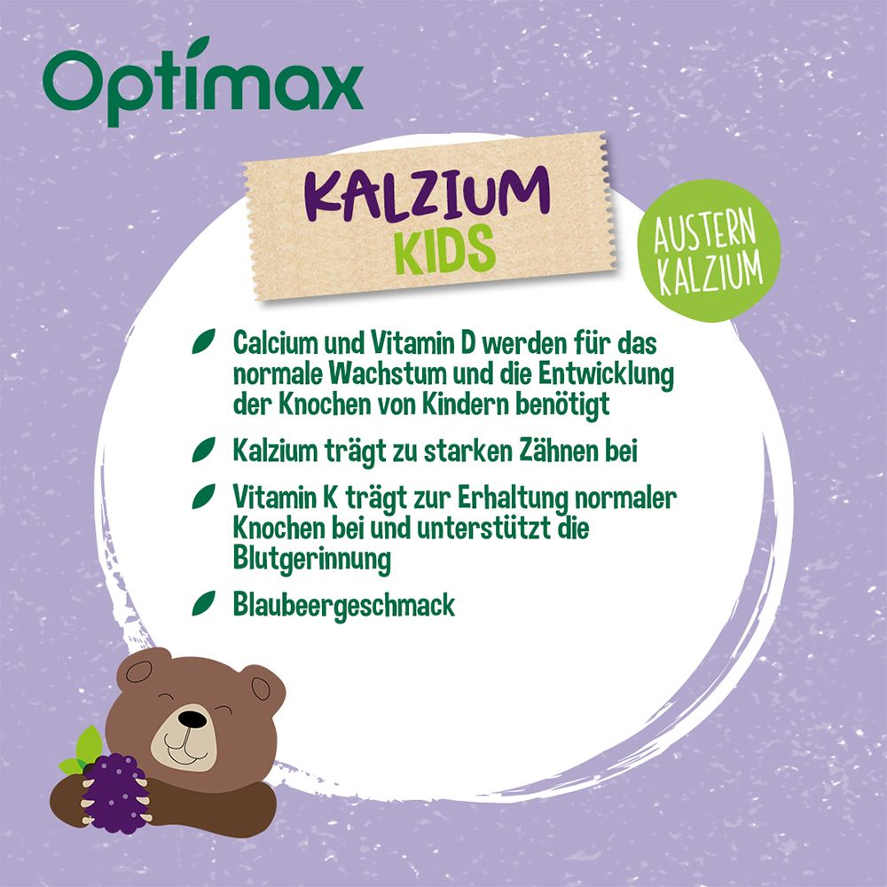 Graphique circulaire avec texte : Optimax Calcium Kids. Calcium et vitamine D pour les os. Vitamine K pour les os et la coagulation.