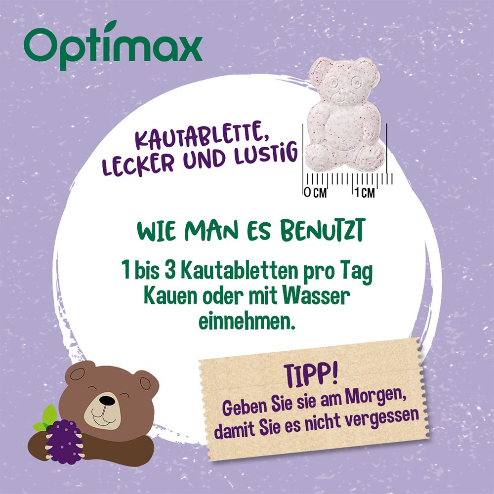Graphique circulaire avec texte : Optimax Calcium Kids. Comprimé à croquer. Utilisation : 1-3 comprimés par jour à mâcher ou avec de l'eau.
