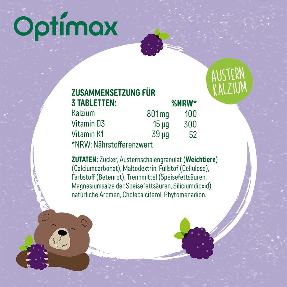 Graphique circulaire avec texte : Optimax Calcium Kids. Composition pour 3 comprimés : Calcium, vitamine D3, vitamine K1.