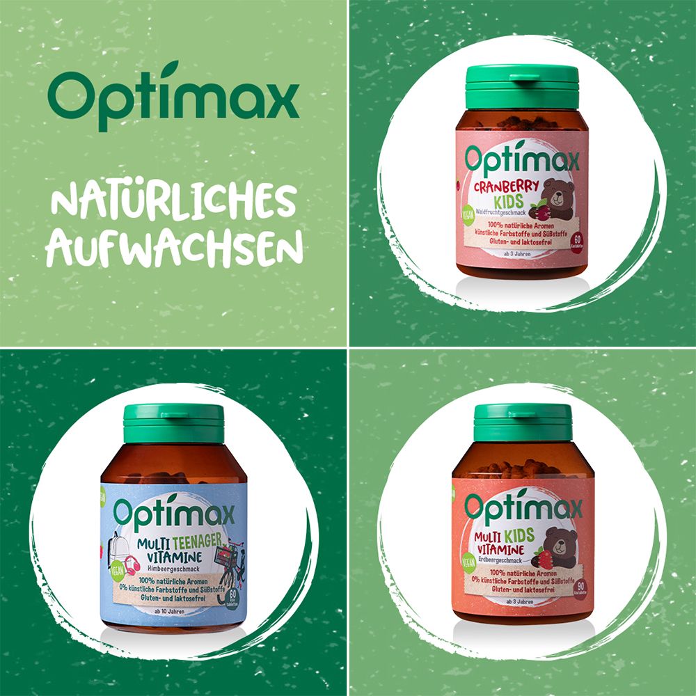 Quatre flacons de produits : Optimax Cranberry Kids, Multi Teenager Vitamine, Multi Kids Vitamine. Croissance naturelle.