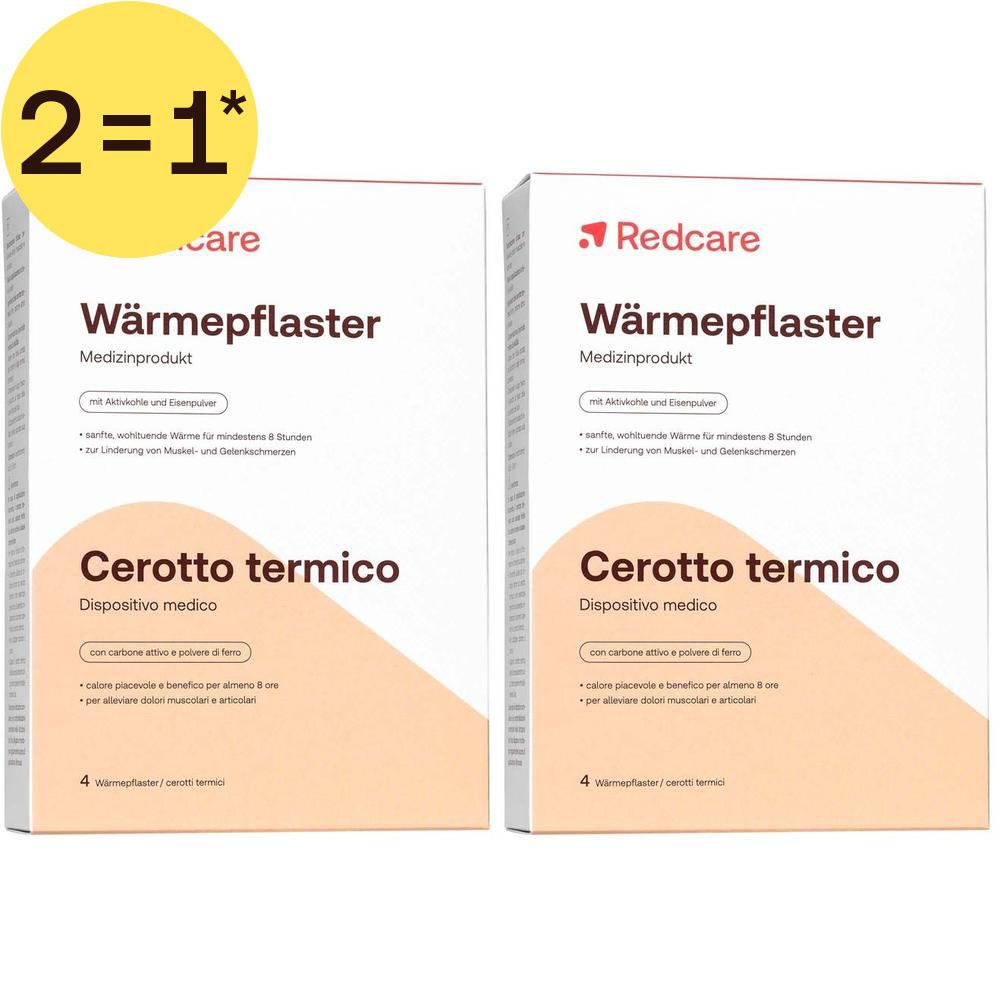 Deux paquets de patchs chauffants Redcare avec indication '2=1'.