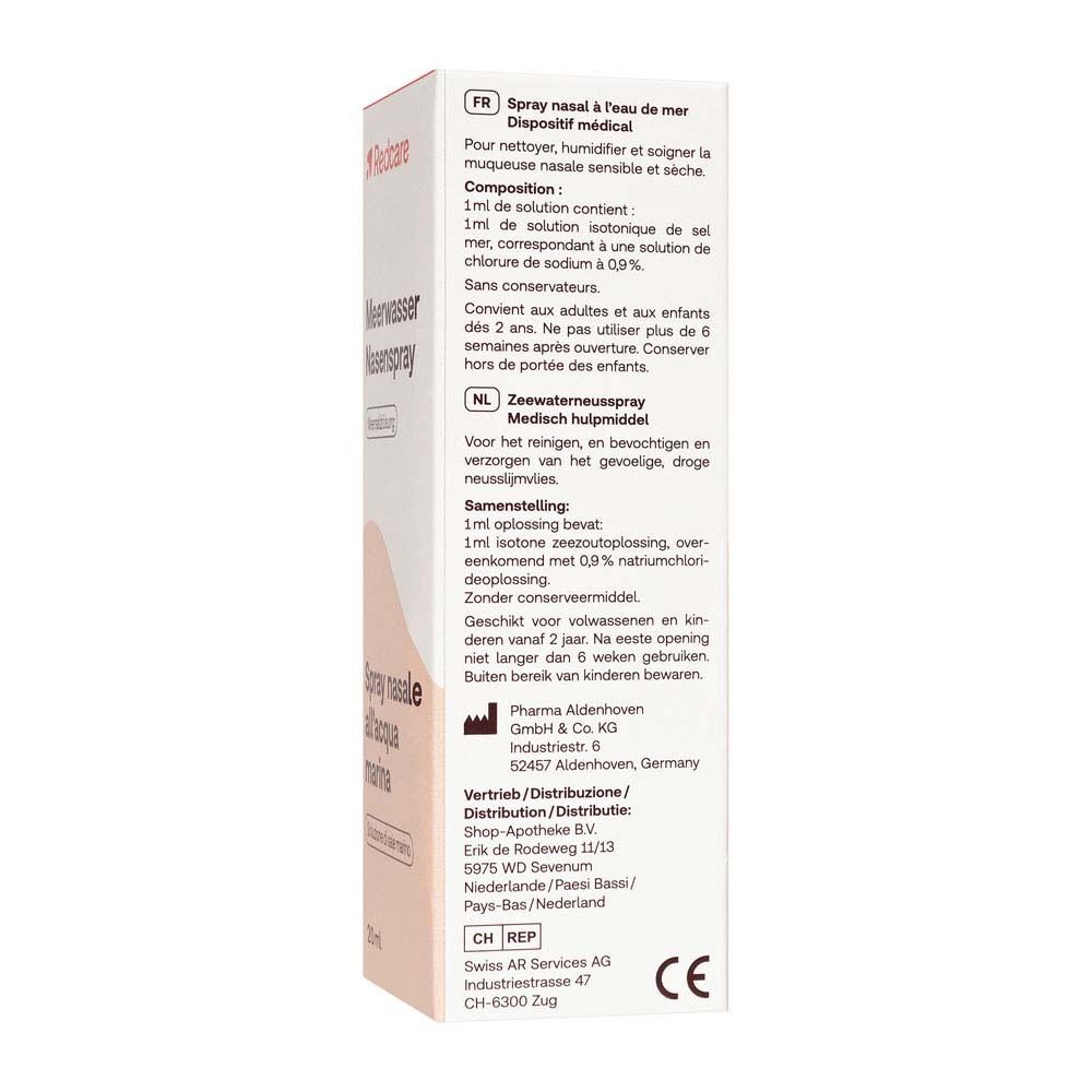 Dos de la boîte de spray nasal. Texte en allemand, italien, français et néerlandais. Dispositif médical.