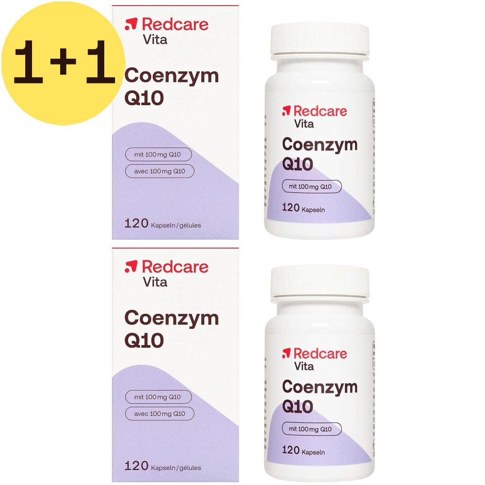 Deux boîtes et deux flacons de Redcare Coenzyme Q10. Sur les boîtes et les flacons, on lit "Coenzyme Q10" et "120 gélules".