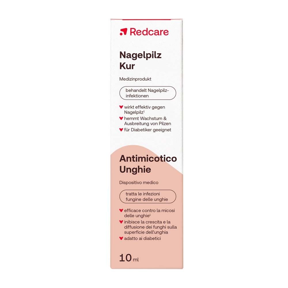 Redcare Nagelpilz Kur: Eine Packung mit einer 10ml Flasche, medizinisch wirksam gegen Nagelpilz.