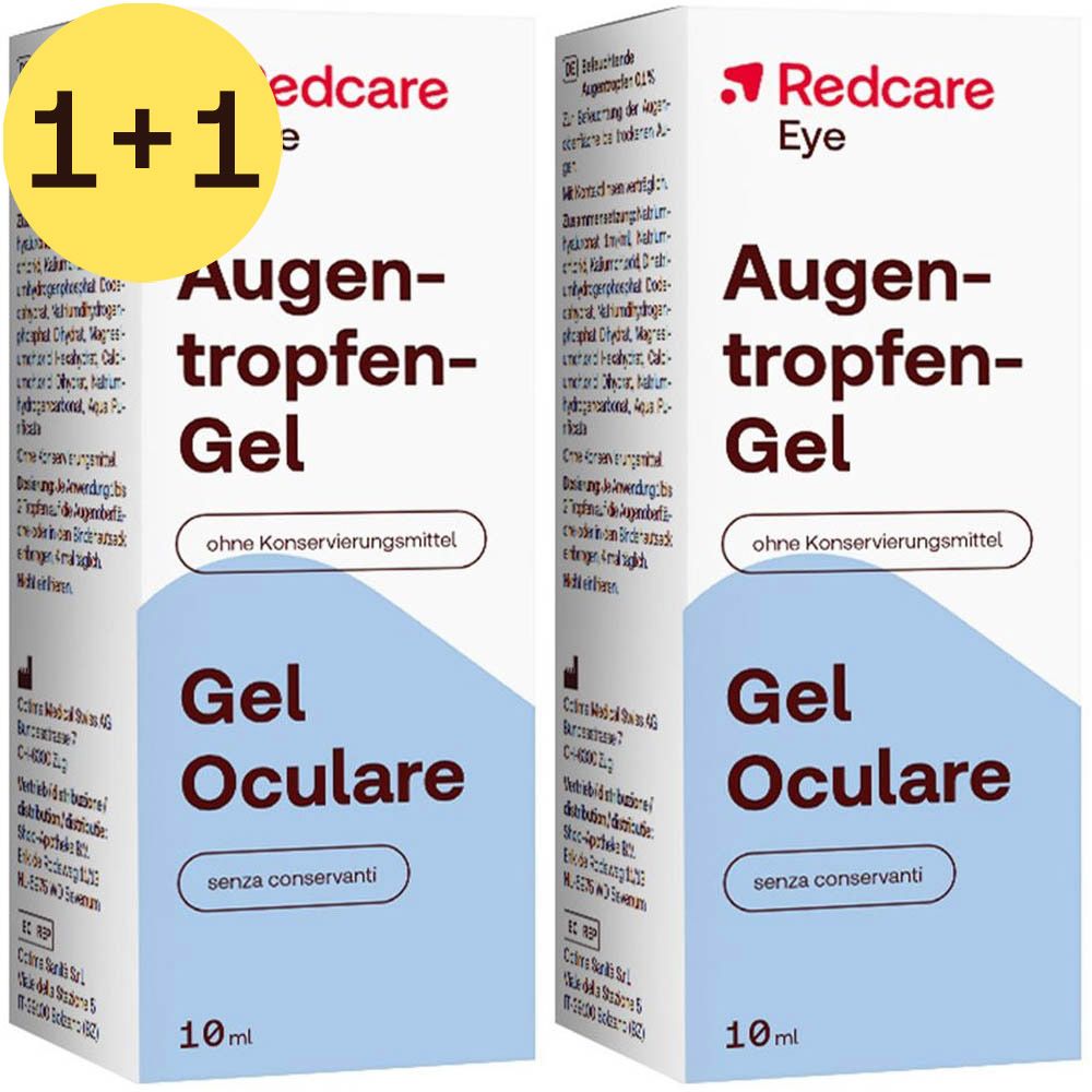 Deux boîtes de gel ophtalmique Redcare. Mention "1+1". Boîtes blanches avec nom du produit et "sans conservateur".