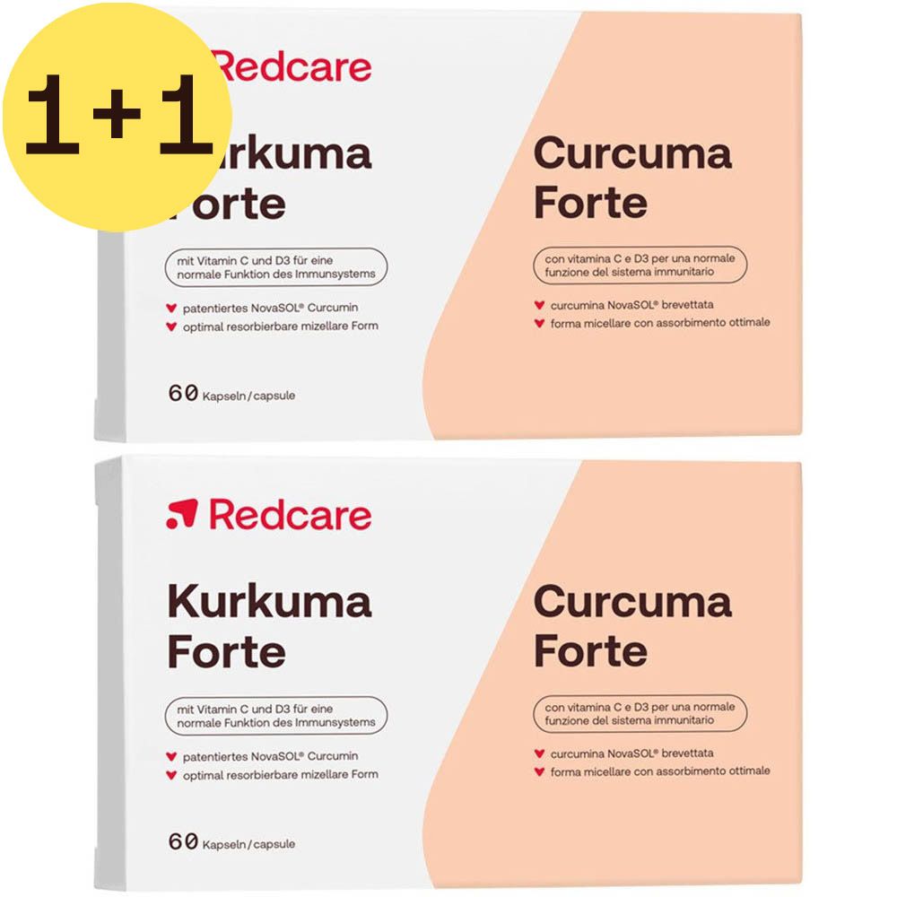 Deux boîtes de Redcare Kurkuma Forte. Offre 1+1. Emballage blanc avec logo rouge et nom du produit. 60 gélules.