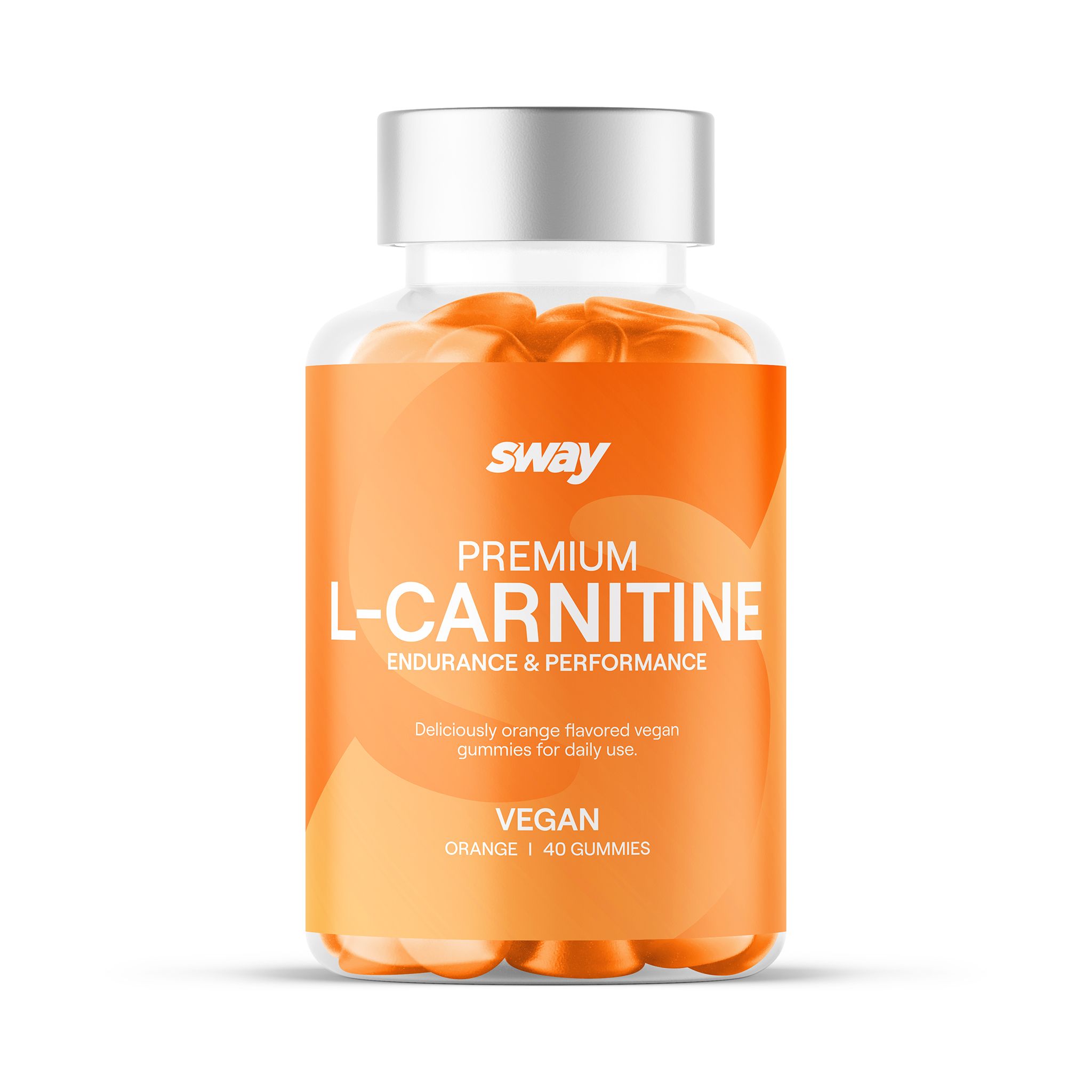 Flacon transparent avec gommes oranges. Étiquette avec nom du produit et ingrédients. Bouchon argenté.