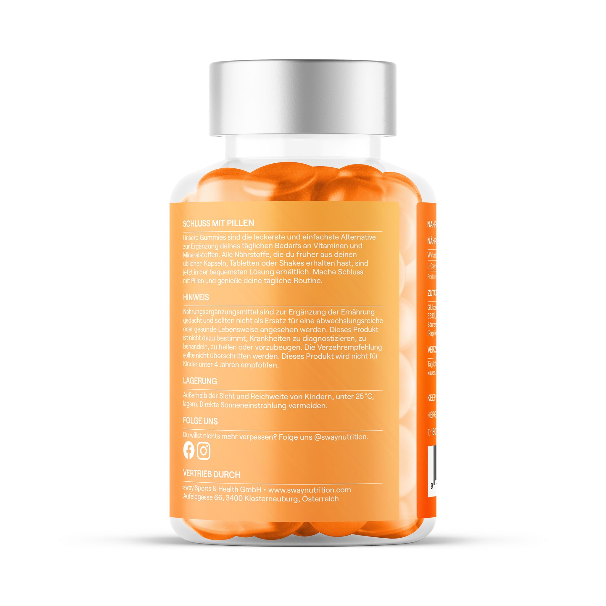 Vue arrière de la bouteille avec texte. Contient des informations sur les ingrédients, l'utilisation et le stockage. Autocollant orange.