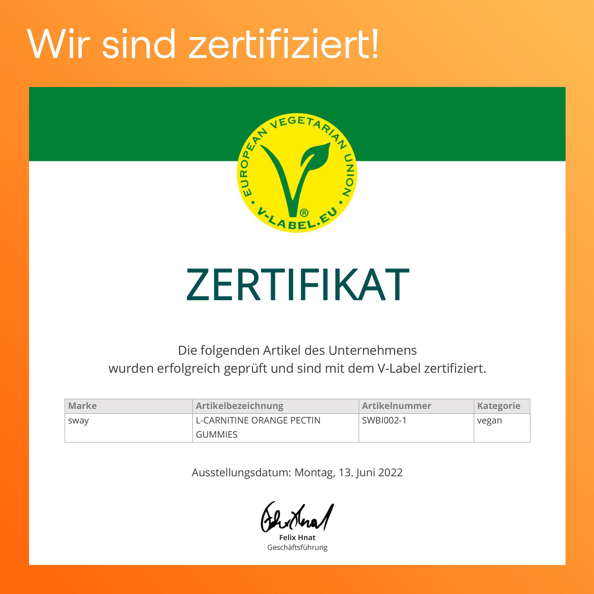 Certificat de l'Union Végétarienne Européenne. Confirme la certification des gommes de L-Carnitine. Fond vert.