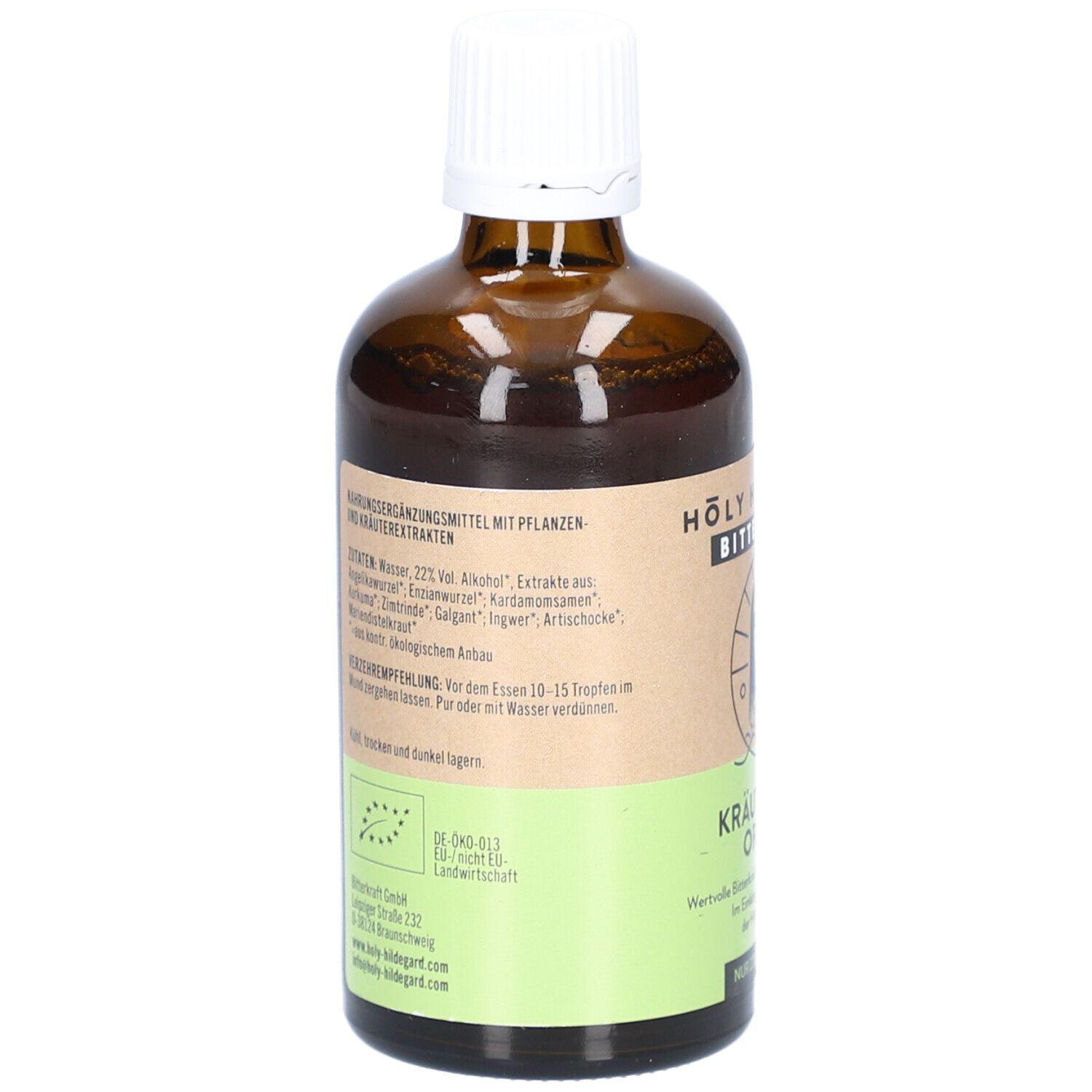 Vue arrière du flacon en verre brun. Étiquette avec ingrédients et label bio. Kräuterbitter Original.