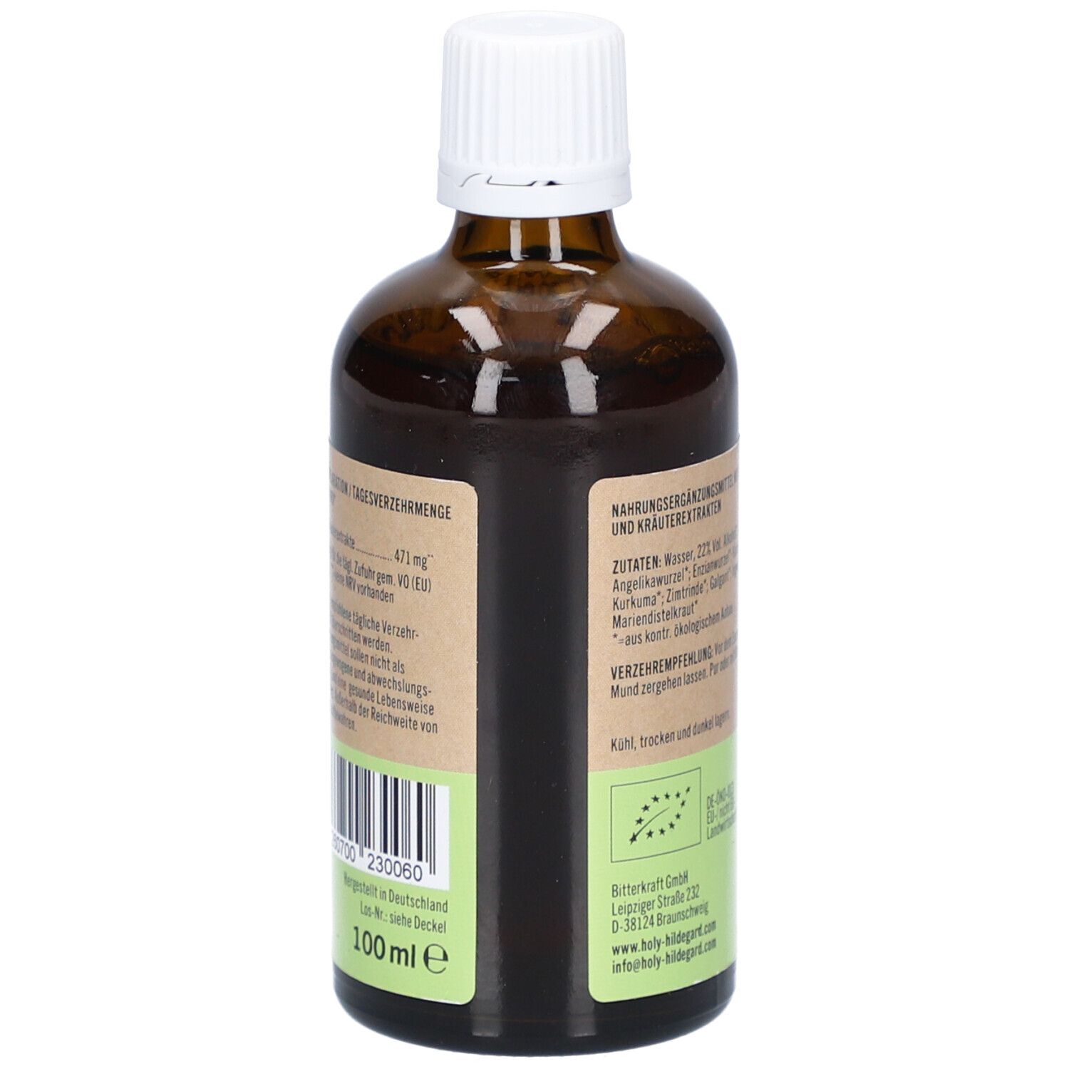 Vue arrière du flacon en verre brun. Étiquette avec informations nutritionnelles et label bio. 100 ml.