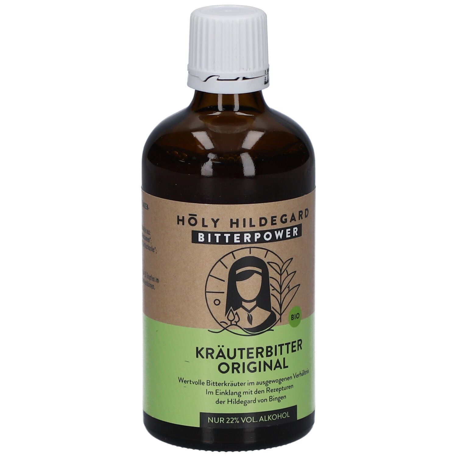 Flacon en verre brun avec bouchon blanc. Étiquette avec nom du produit, logo et label bio. Kräuterbitter Original.