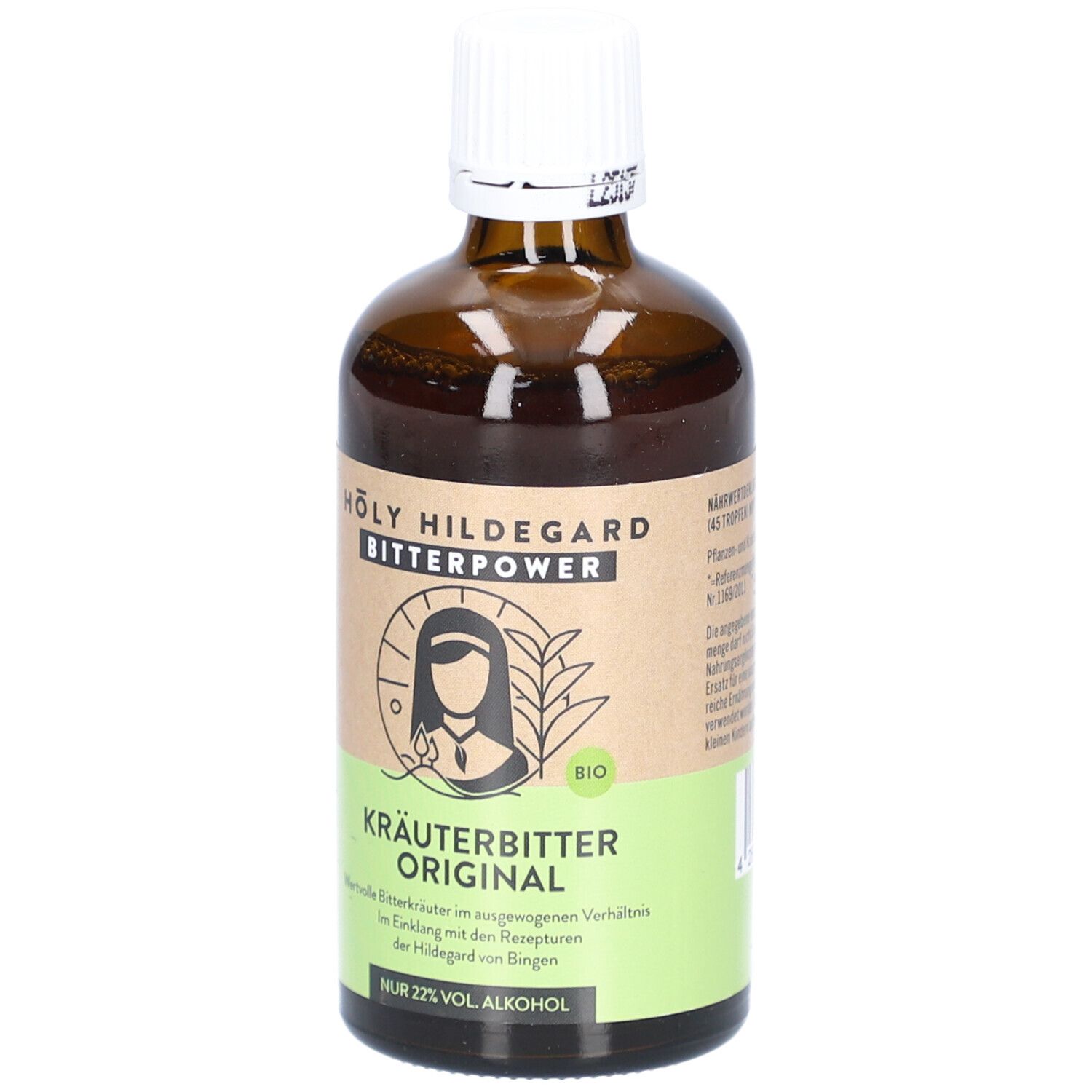 Flacon en verre brun avec bouchon blanc. Étiquette avec nom du produit, logo et label bio. Kräuterbitter Original.