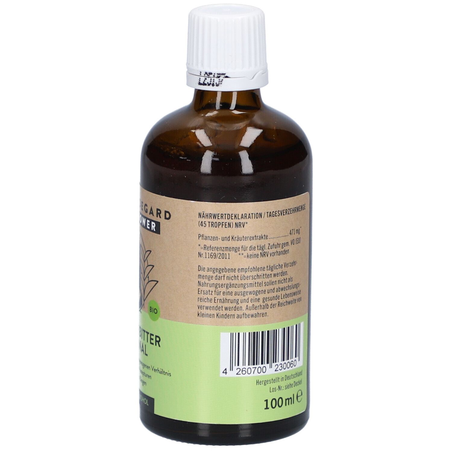 Vue arrière du flacon en verre brun. Étiquette avec informations nutritionnelles et label bio. 100 ml.