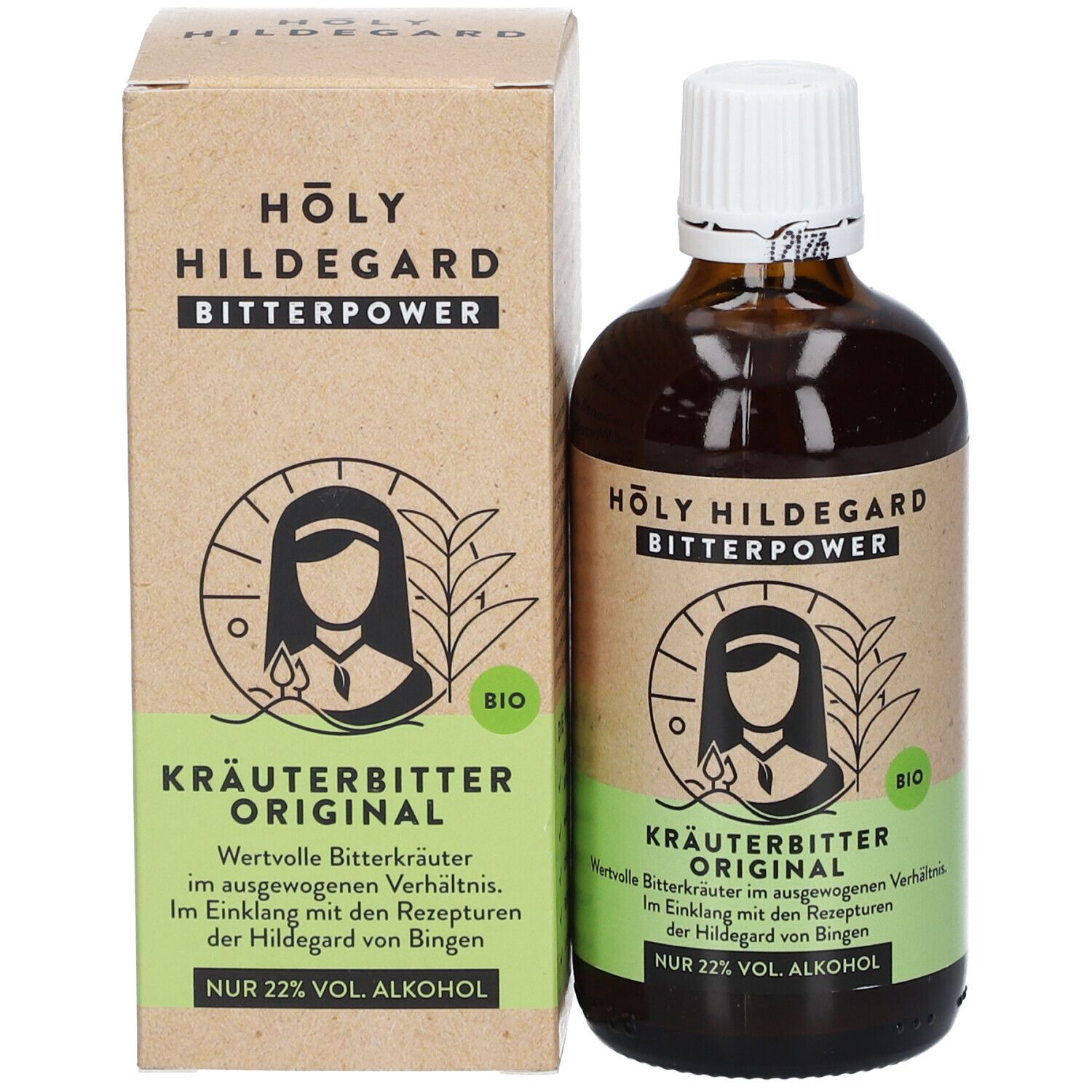 Flacon et emballage du produit. Flacon brun avec étiquette et emballage en carton. Kräuterbitter Original.