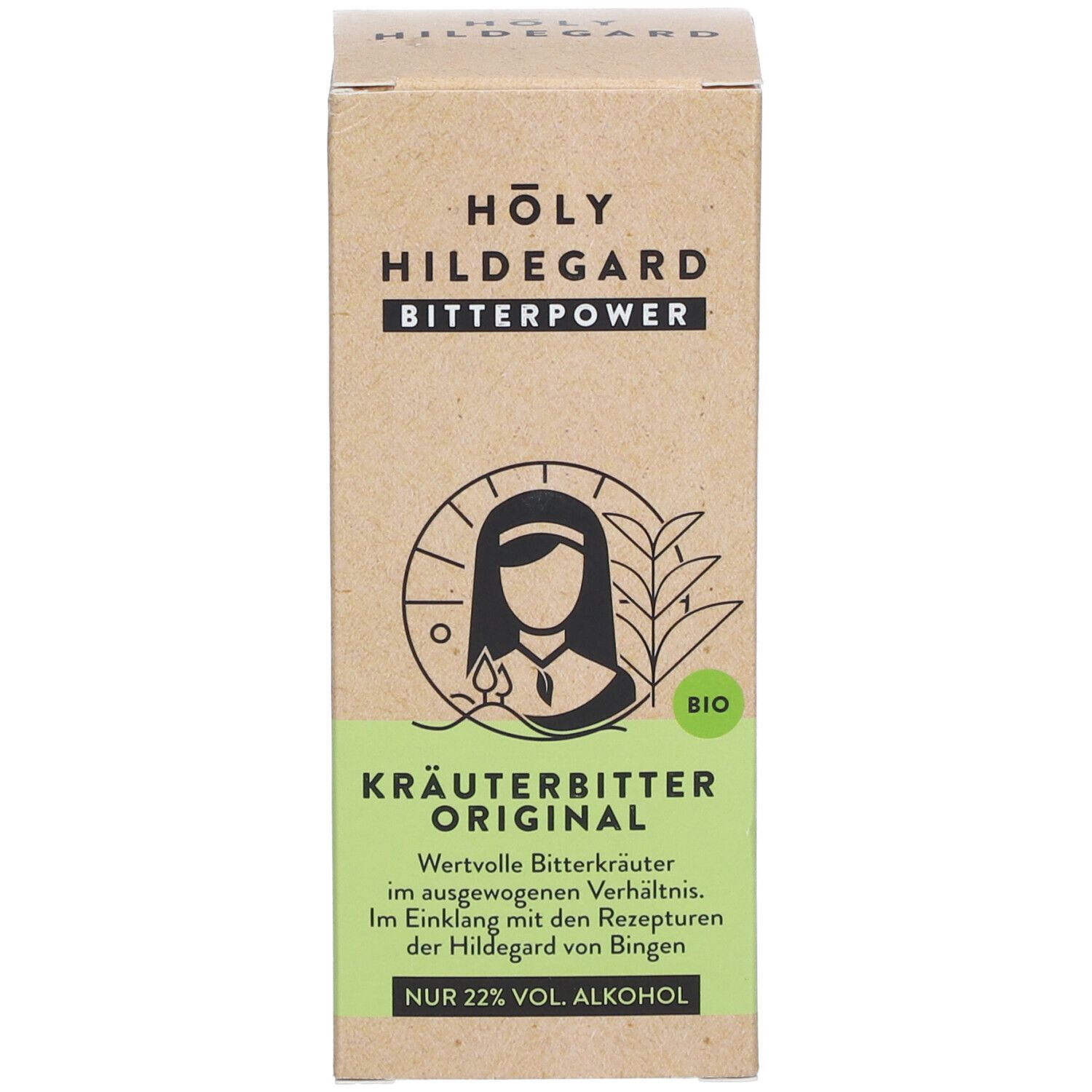 Emballage en carton. Nom du produit, logo et label bio. Kräuterbitter Original.